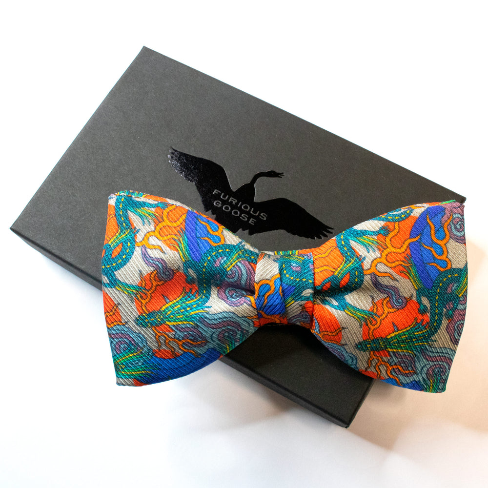 Dragon bow tie, silk saglia, slow fashion, bold and bright colours