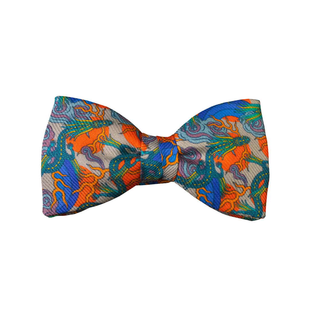 Dragon bow tie, silk saglia, slow fashion, bold and bright colours