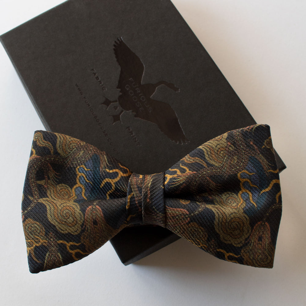 black tie, gold bow tie, dragons, luxury bow ties, london UK