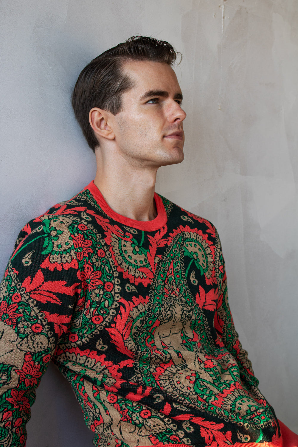 Paisley Jumper, With Male Form, Coral, Green, Organic Cotton, Sustainable, Bold Style, London, UK