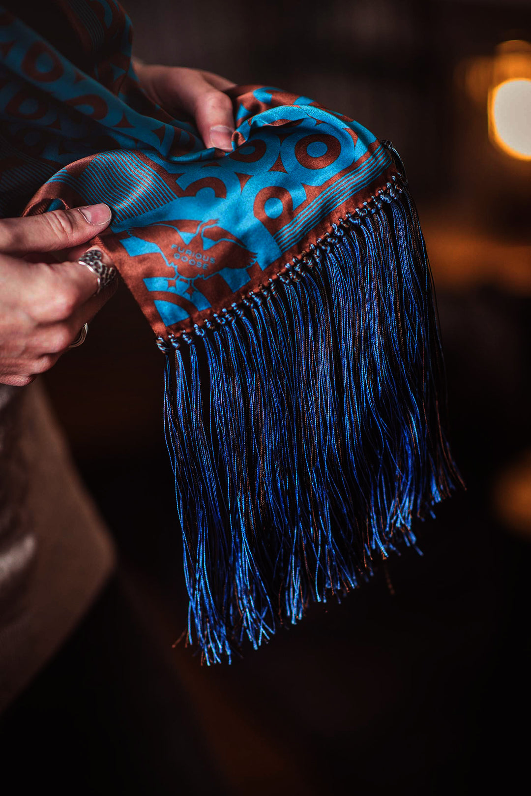 Blue and Brown Cashmere Scarf, Satin Stole, Giant Opera Scarf, Fringed, Luxury Accessory Oscar Wilde, Made in UK