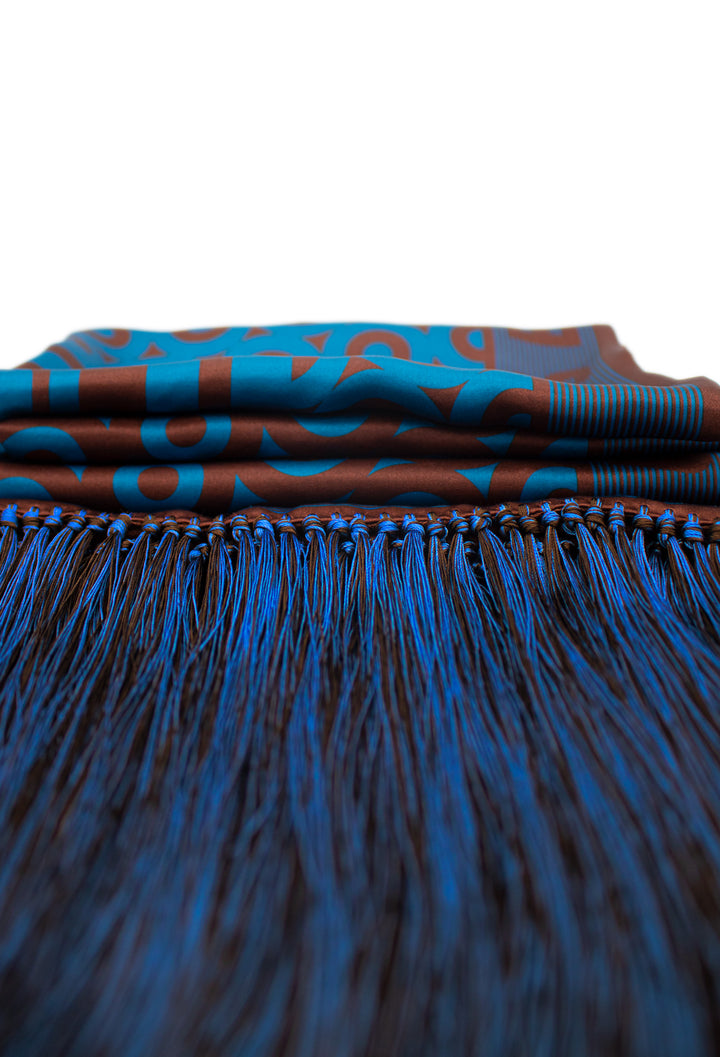 Blue and Brown Cashmere Scarf, Satin Stole, Giant Opera Scarf, Fringed, Luxury Accessory Oscar Wilde, Made in UK