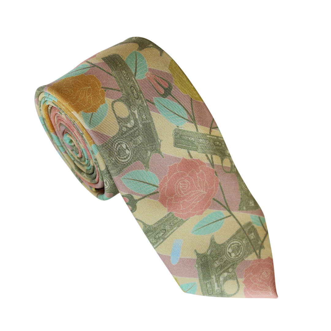 Designer Silk Tie, Pastel Colour Luxury Mens Ties, UK, Sinatra's Pistol, Miami, Guns and Roses, 100% Silk Accessories