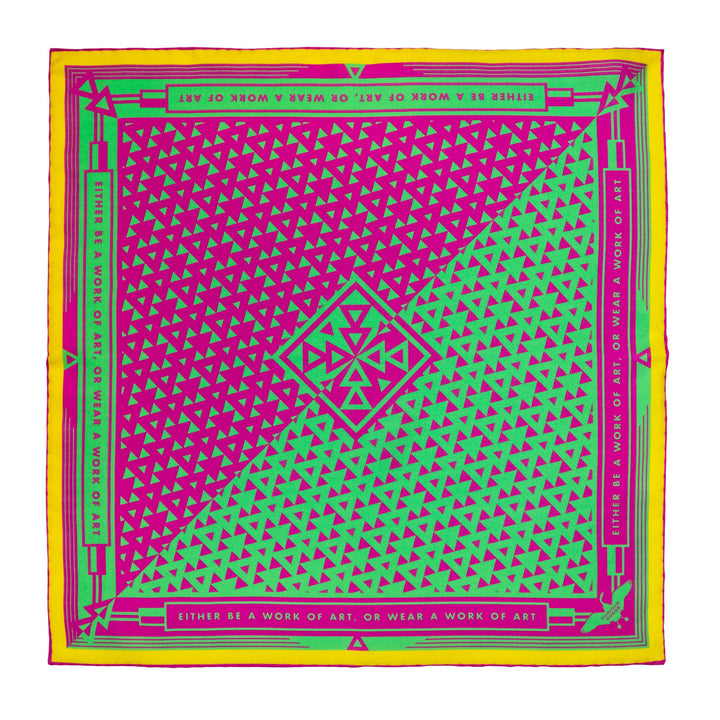 Colourful silk scarf featuring Oscar Wilde's Quotes, Geometric Design, Magenta, Green, Lemon Yellow,, Luxury Scarf, Designer, British Brand, London, UK