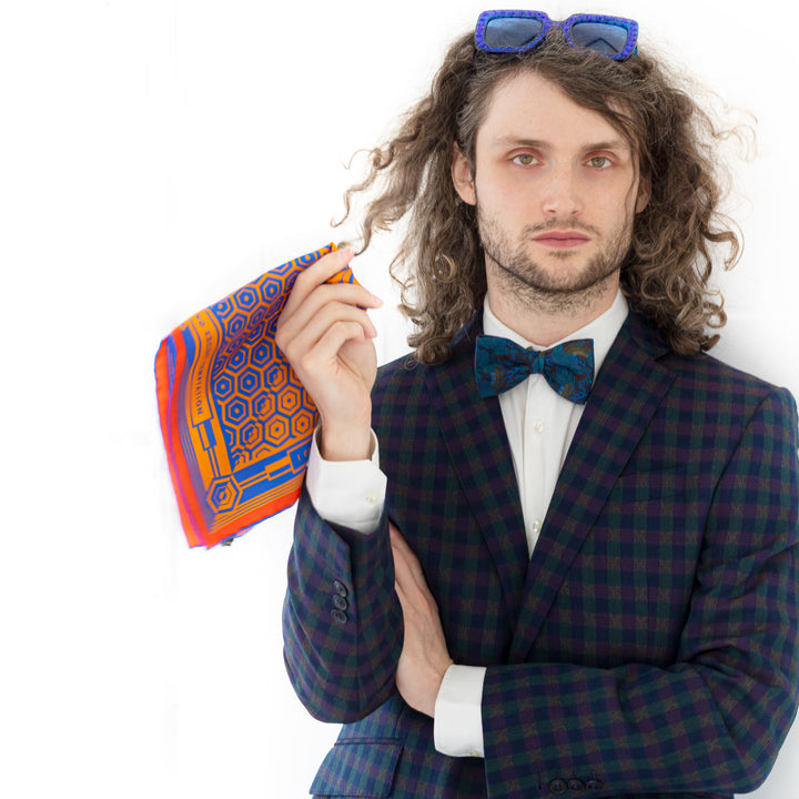 Orange, Blue Pocket Square, Menswear, Oscar Wilde, Silk Squares, Pochette, Hank, Hankerchief, Black Tie, Luxury Accessory, Made in UK, London