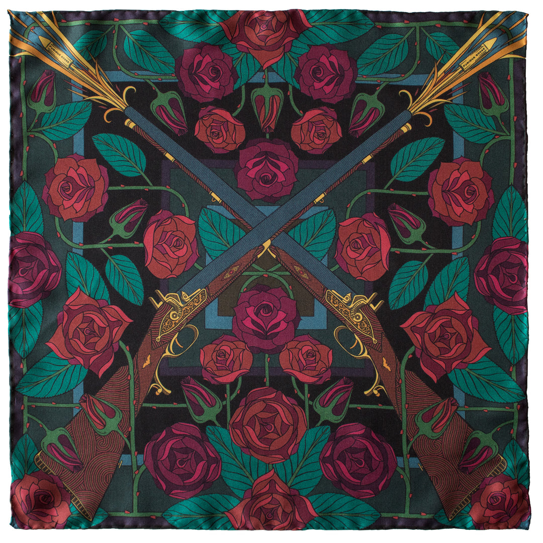 Guns and Roses, Antique Elephant Gun, Designer Silk Scarves, Guns Floral Print, Foulard, Luxury Silk Scarf, Silk Square, Luxury Accessories Brand, Hunting Rifle, British Fashion Brand, Made in England