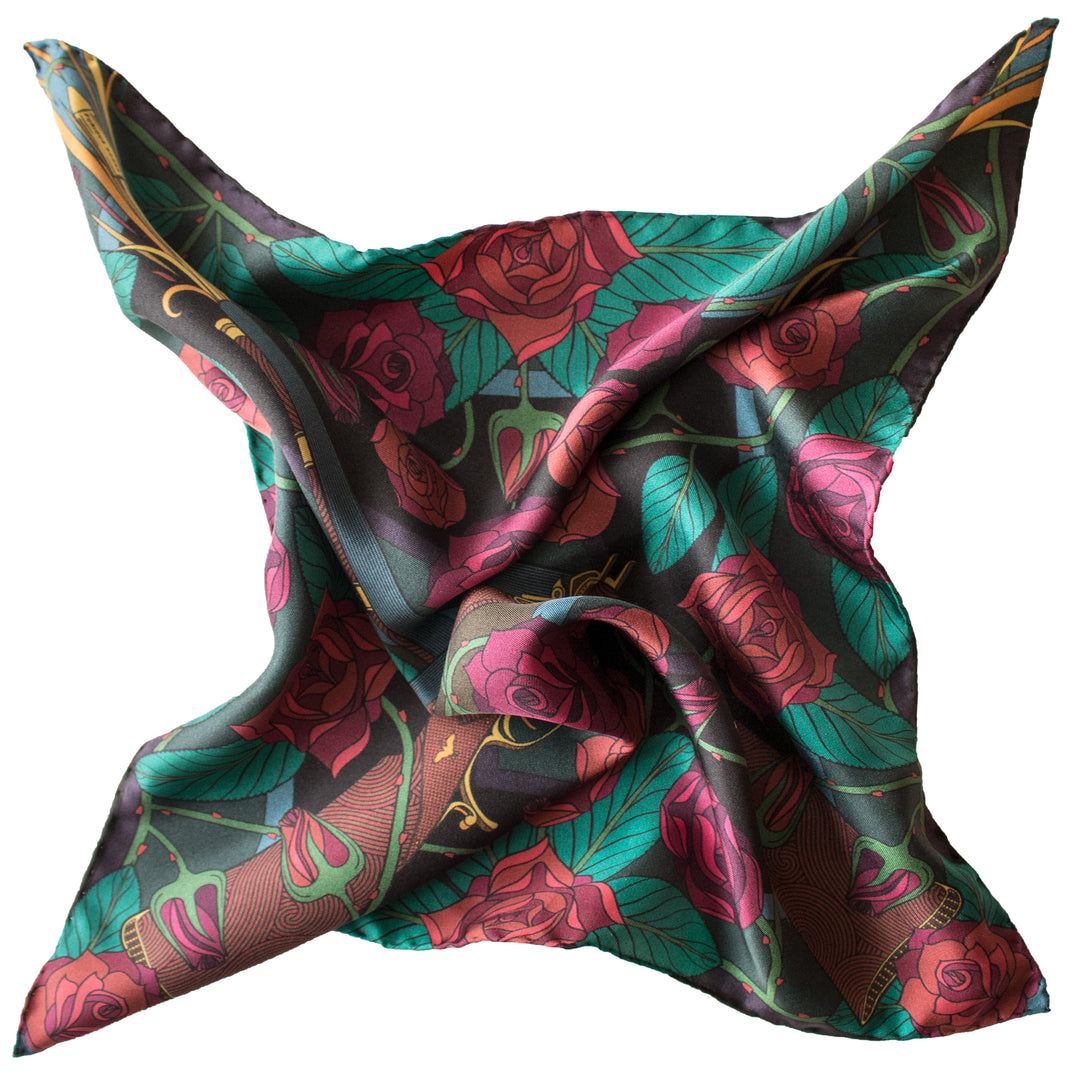 Guns and Roses, Antique Elephant Gun, Designer Silk Scarves, Guns Floral Print, Foulard, Luxury Silk Scarf, Silk Square, Luxury Accessories Brand, Hunting Rifle, British Fashion Brand, Made in England