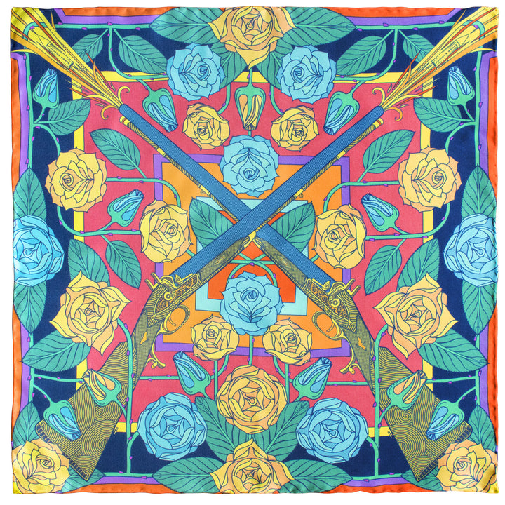 Guns and Roses, Antique Rifle, Designer Pocket Square, Guns Floral Print, Pochette, Luxury Handkerchief, Silk Square, Luxury Gift, Made in England