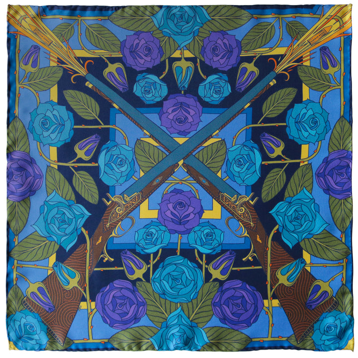 Ladies Scarf, Guns and Roses, Antique Gun, Designer Silk Scarves, Guns Floral Print, Foulard, Luxury Silk Scarf, Silk Square, Luxury Accessories Brand, Hunting Rifle, British Fashion Brand, Made in England