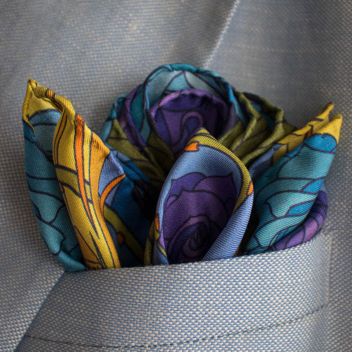 Designer Pocket Square, British Pocket Square, Luxury Silk Square, Made in England, UK, Guns and Roses