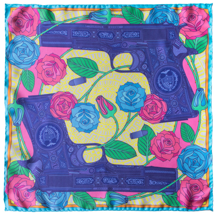 Silk Scarf UK, Guns and Roses, Colt 9mm, Vintage Guns, Luxury Scarves, Designer Silk Scarves, Guns Floral Print, Foulard, Luxury Silk Scarf, Silk Square, Luxury Accessories Brand, Pistol, British Fashion Brand, Made in England