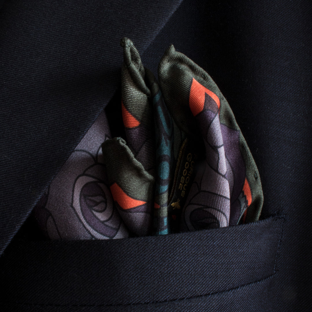 Designer Pocket Square, British Pocket Square, Luxury Silk Square, Made in England, UK, Guns and Roses