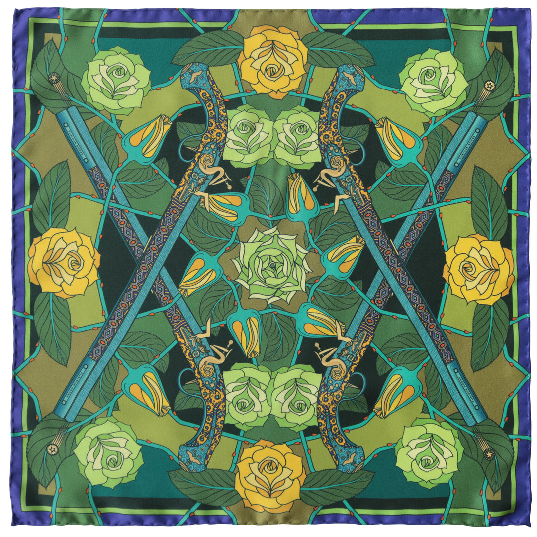 Guns and Roses, Ottoman Antique Flintlock, Designer Silk Scarves, Guns Floral Print, Foulard, Luxury Silk Scarf, Silk Square, Luxury Accessories Brand, British Fashion Brand, Made in England