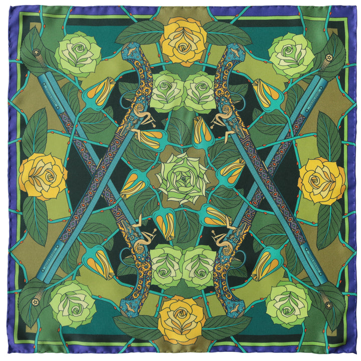 Guns and Roses, Ottoman Antique Flintlock, Designer Silk Scarves, Guns Floral Print, Foulard, Luxury Silk Scarf, Silk Square, Luxury Accessories Brand, British Fashion Brand, Made in England