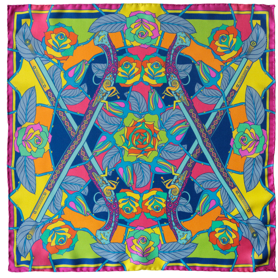 Psychedelic luxury silk scarf, guns and roses, antique ottoman pistols, ladies silk scarves uk, silk square london
