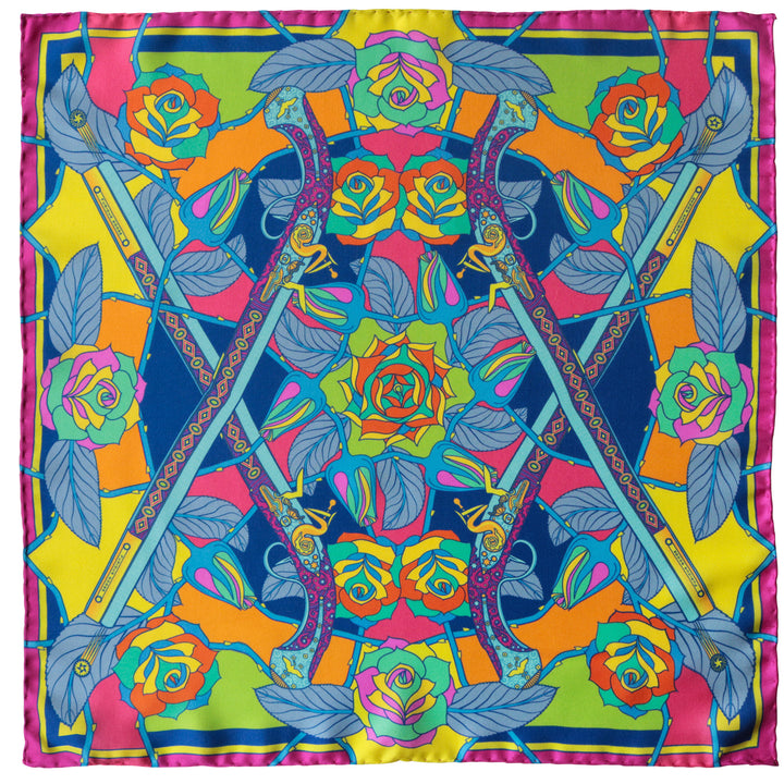 Psychedelic luxury silk scarf, guns and roses, antique ottoman pistols, ladies silk scarves uk, silk square london