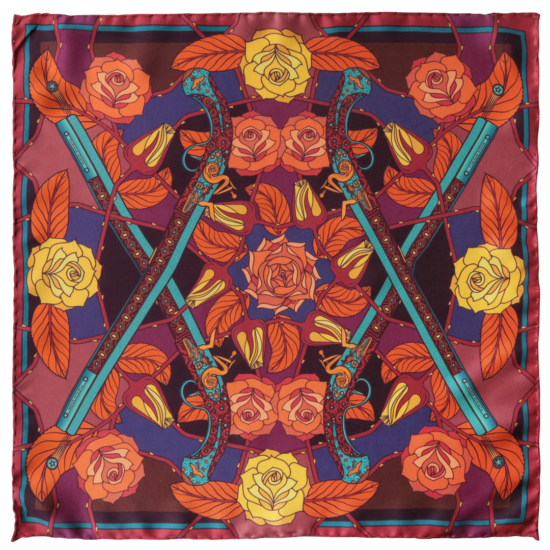 Guns and Roses, Ottoman Antique Flintlock, Designer Silk Scarves, Guns Floral Print, Foulard, Luxury Silk Scarf, Silk Square, Luxury Accessories Brand, British Fashion Brand, Made in England