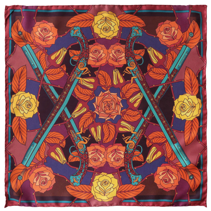 Guns and Roses, Ottoman Antique Flintlock, Designer Silk Scarves, Guns Floral Print, Foulard, Luxury Silk Scarf, Silk Square, Luxury Accessories Brand, British Fashion Brand, Made in England