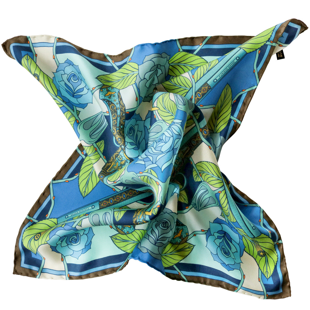 Guns and Roses, Ottoman Antique Flintlock, Designer Silk Scarves, Guns Floral Print, Foulard, Luxury Silk Scarf, Silk Square, Luxury Accessories Brand, British Fashion Brand, Made in England