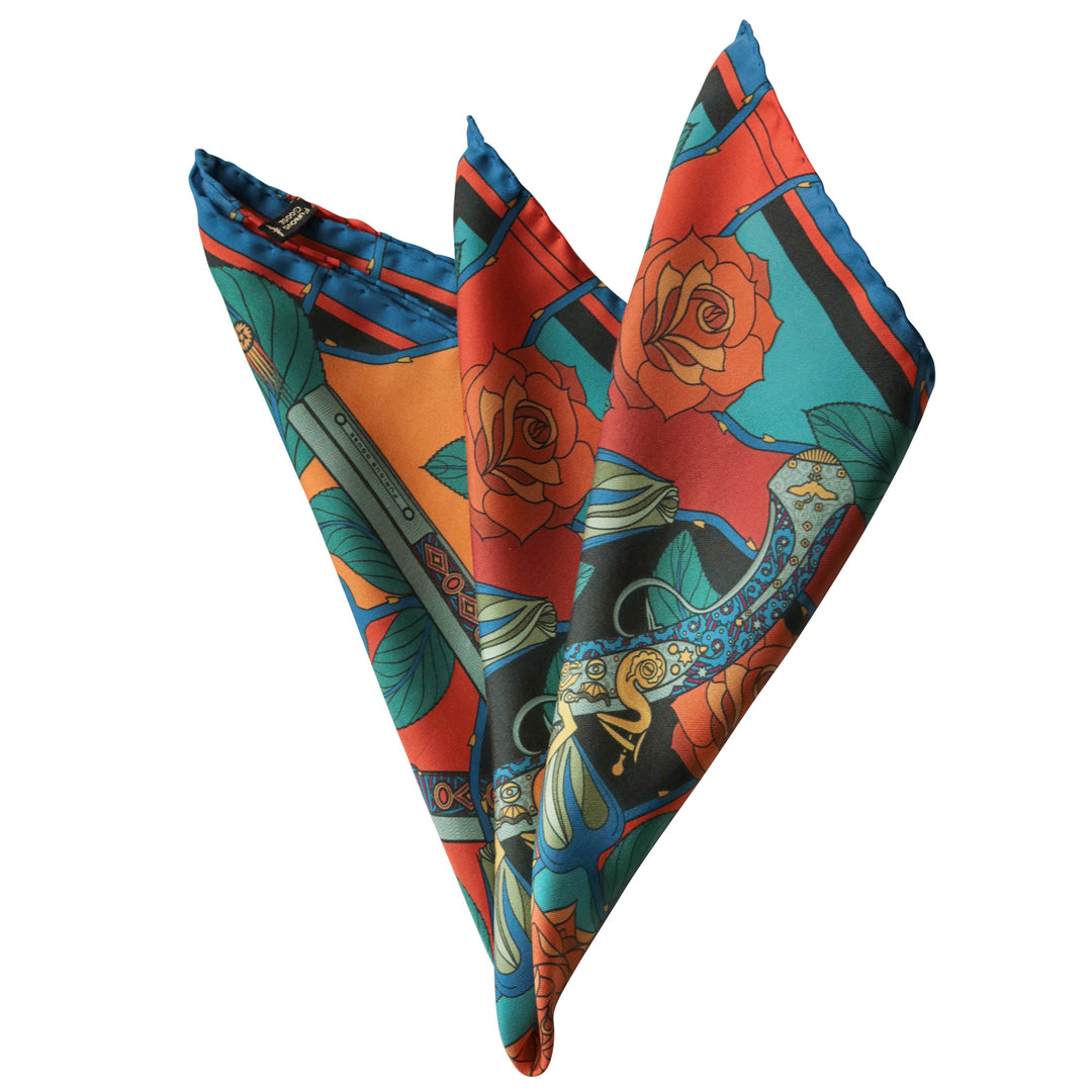 Guns and Roses, Ottoman Antique Flintlock, Designer Pocket Square, Guns Floral Print, Pochette, Luxury Handkerchief, Silk Square, Luxury Gift, Made in England