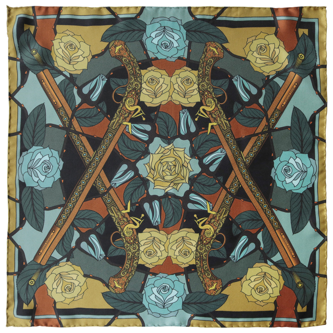 Guns and Roses, Ottoman Antique Flintlock, Designer Pocket Square, Guns Floral Print, Pochette, Luxury Handkerchief, Silk Square, Luxury Gift, Made in England