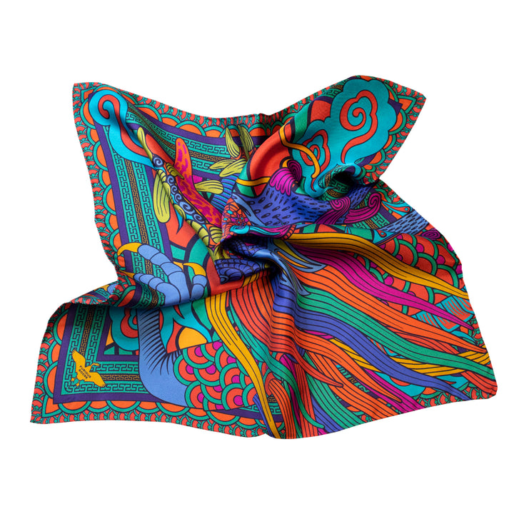 Multicoloured Silk Scarf, Scarves, Luxury Accessory, Neckerchief, Dragons, Chinese Dragon, Orientalism, Chinoiserie, London, UK