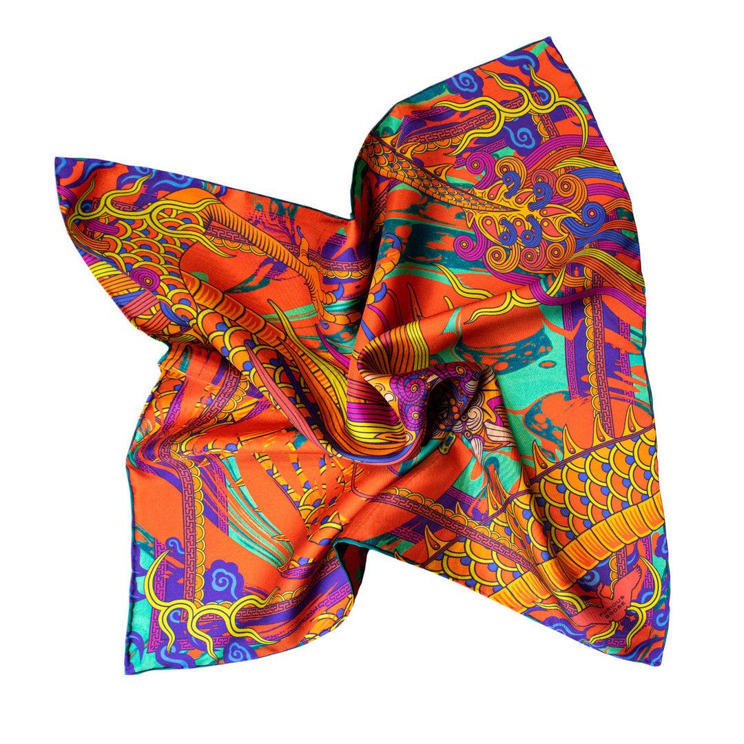 Bright Oriental dragon, 100% sustainable silk, Modern fashion trend, luxury brand
