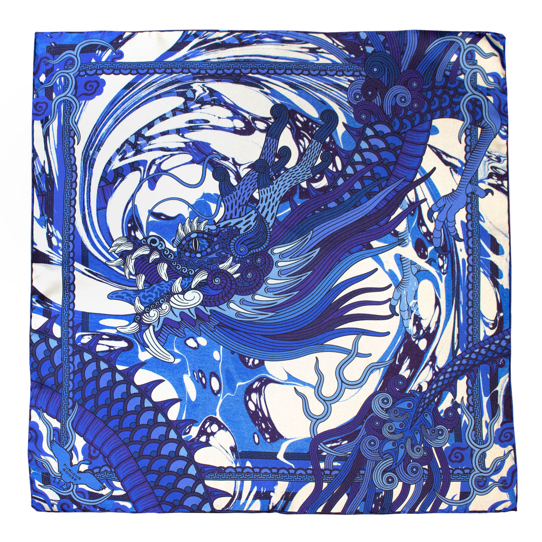 Blue Silk Scarf, Chinese Dragons, Delftware, Luxury Scarves, Gift Ideas, Lucky Scarf, Foulard, Made in UK, London, England, British