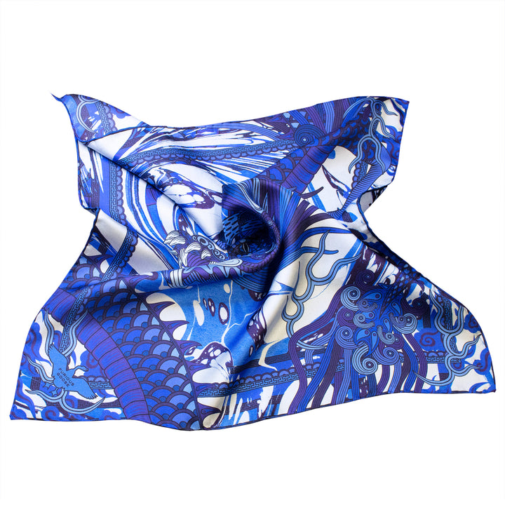 Oriental Pocket Square, Blue, Silk, Hand Rolled Hems, Made in UK, Chinoiserie, Dragon, Dragon Art, Menswear, London, UK, Furious Goose