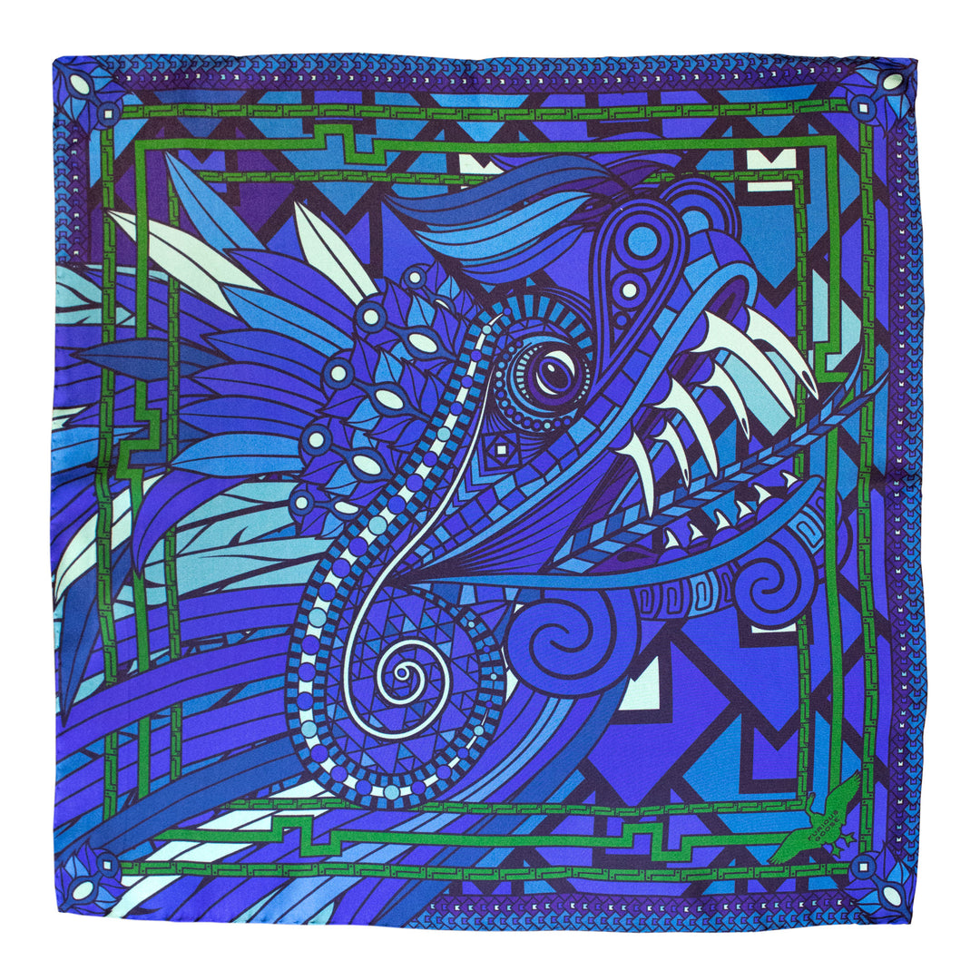 Silk Neckerchief, Dragons, Quetzalcoatl, Blue Scarf, Purple Scarves, Luxury Accessories, London, UK