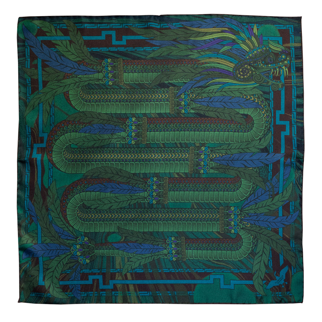 Green Silk Scarf, Dragons, Quetzalcoatl, Luxury Scarves, Made in UK
