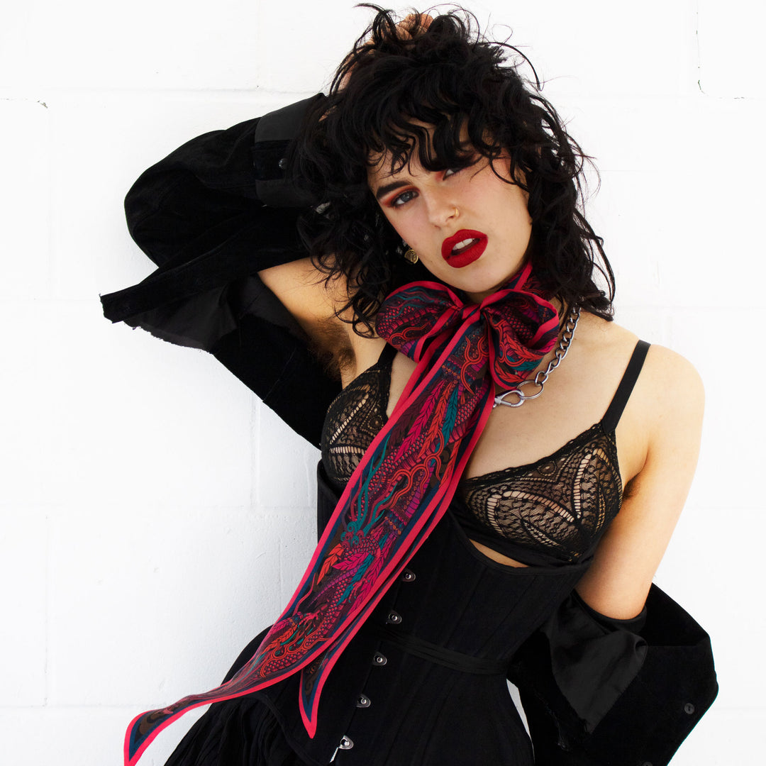 Red and Black Ribbon Scarf, Luxury Scarves, Twilly, Pussy Bow, Made in UK, London