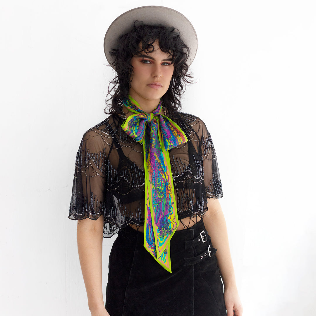 Ribbon Scarf, Twilly, Dragon Bow, Psychedelic Scarves, Silk Scarves, Made in UK, England, London, UK