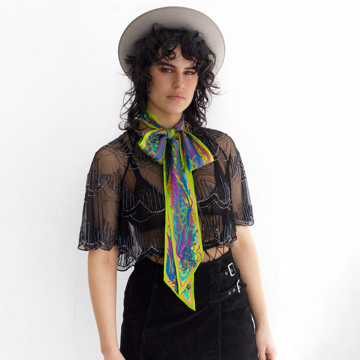 Ribbon Scarf, Twilly, Dragon Bow, Psychedelic Scarves, Silk Scarves, Made in UK, England, London, UK