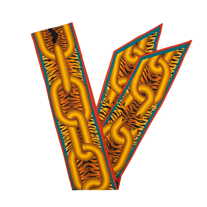 Furious Goose, Silk Ribbon Scarf, Twilly, Lavallière, Chains, Animal Print, Luxury Scarf, Gold, Made in UK