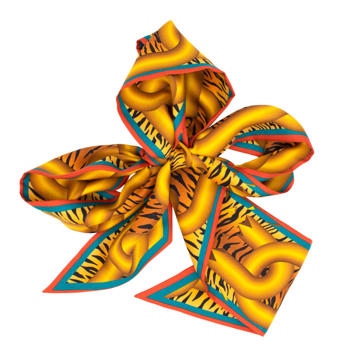 Furious Goose, Silk Ribbon Scarf, Twilly, Lavallière, Chains, Animal Print, Luxury Scarf, Gold, Made in UK