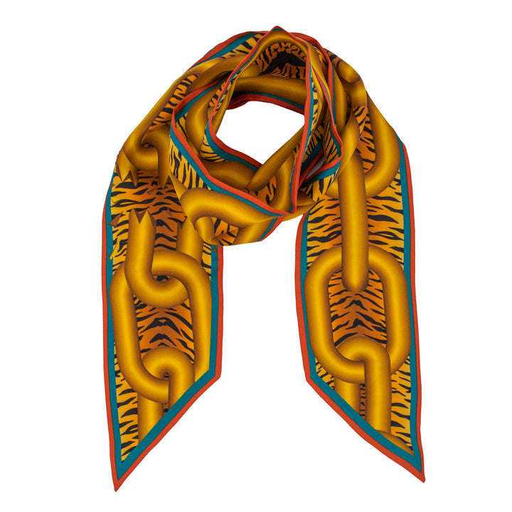 Furious Goose, Silk Ribbon Scarf, Twilly, Lavallière, Chains, Animal Print, Luxury Scarf, Gold, Made in UK