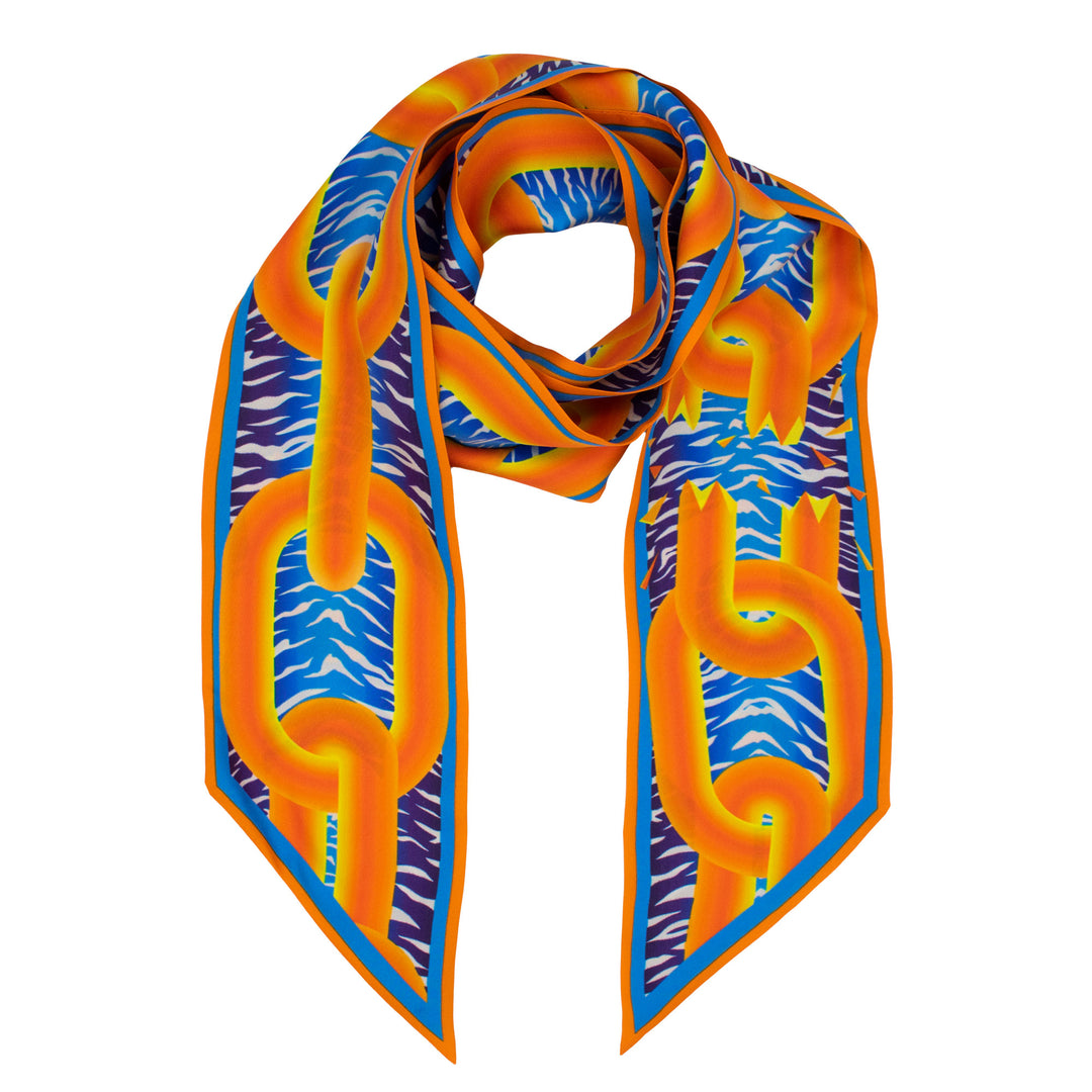 Furious Goose, Silk Ribbon Scarf, Twilly, Lavallière, Chains, Animal Print, Luxury Scarf, Orange, Made in UK