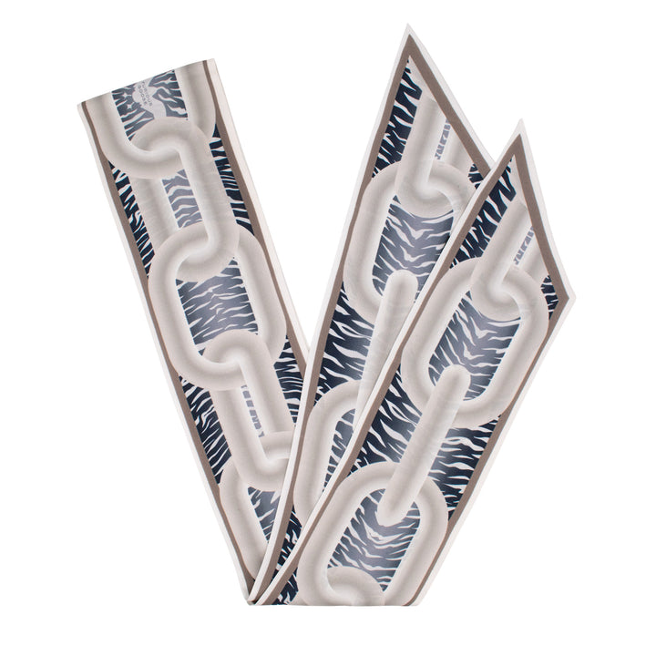 Furious Goose, Silk Ribbon Scarf, Twilly, Lavallière, Chains, Animal Print, Luxury Scarf, Silver, Made in UK