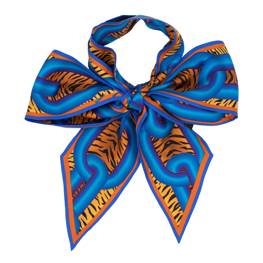 Furious Goose, Silk Ribbon Scarf, Twilly, Lavallière, Chains, Animal Print, Luxury Scarf, Tiger,  Blue, Made in UK