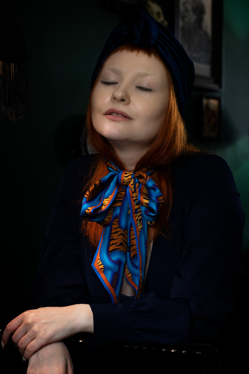 Luxury Pussy Bow, Silk Scarf, Twilly, Chain and Tiger Print, Maximalist, British Designer Brand, London Fashion