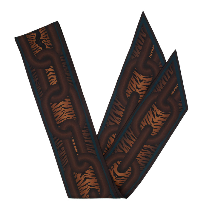 Furious Goose, Silk Ribbon Scarf, Twilly, Lavallière, Chains, Animal Print, Luxury Scarf, Tiger,  Brown, Made in UK