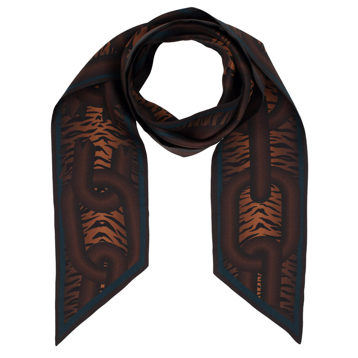 Furious Goose, Silk Ribbon Scarf, Twilly, Lavallière, Chains, Animal Print, Luxury Scarf, Tiger,  Brown, Made in UK