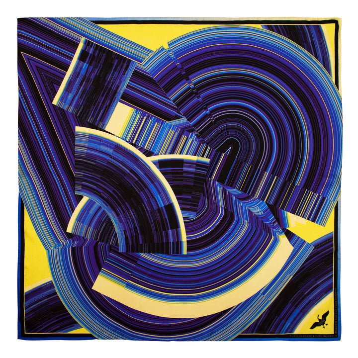 Blue and Yellow Silk Scarf, Luxury Scarves, Rolled Hem, Foulard, Data Visualisation, Wearable Art, Four Seasons