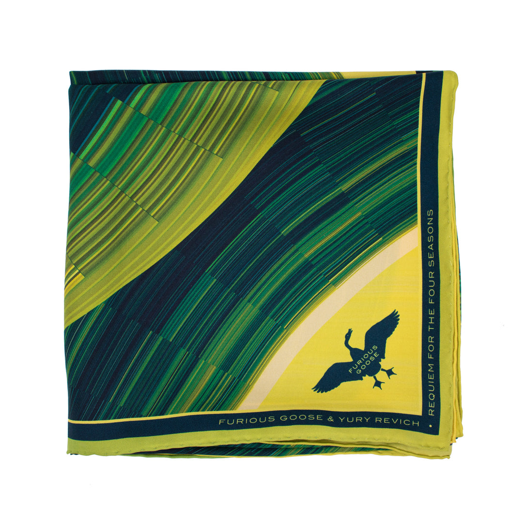 Green silk scarf, Sustainable Fashion, Requiem for Four Seasons, Luxury Scarves UK, Quality Foulards UK, London, Brixton