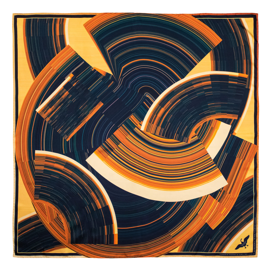 Orange, teal and yellow scarf, Pure Silk, Hand Rolled Hems, Luxury Scarves, Made in England, London UK, Wearable Art, Science Art