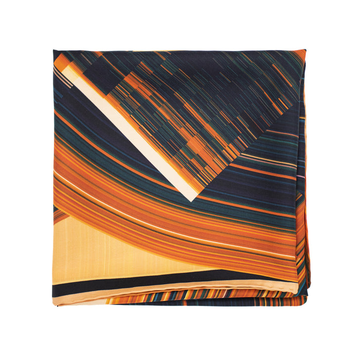 Orange, teal and yellow scarf, Pure Silk, Hand Rolled Hems, Luxury Scarves, Made in England, London UK, Wearable Art, Science Art