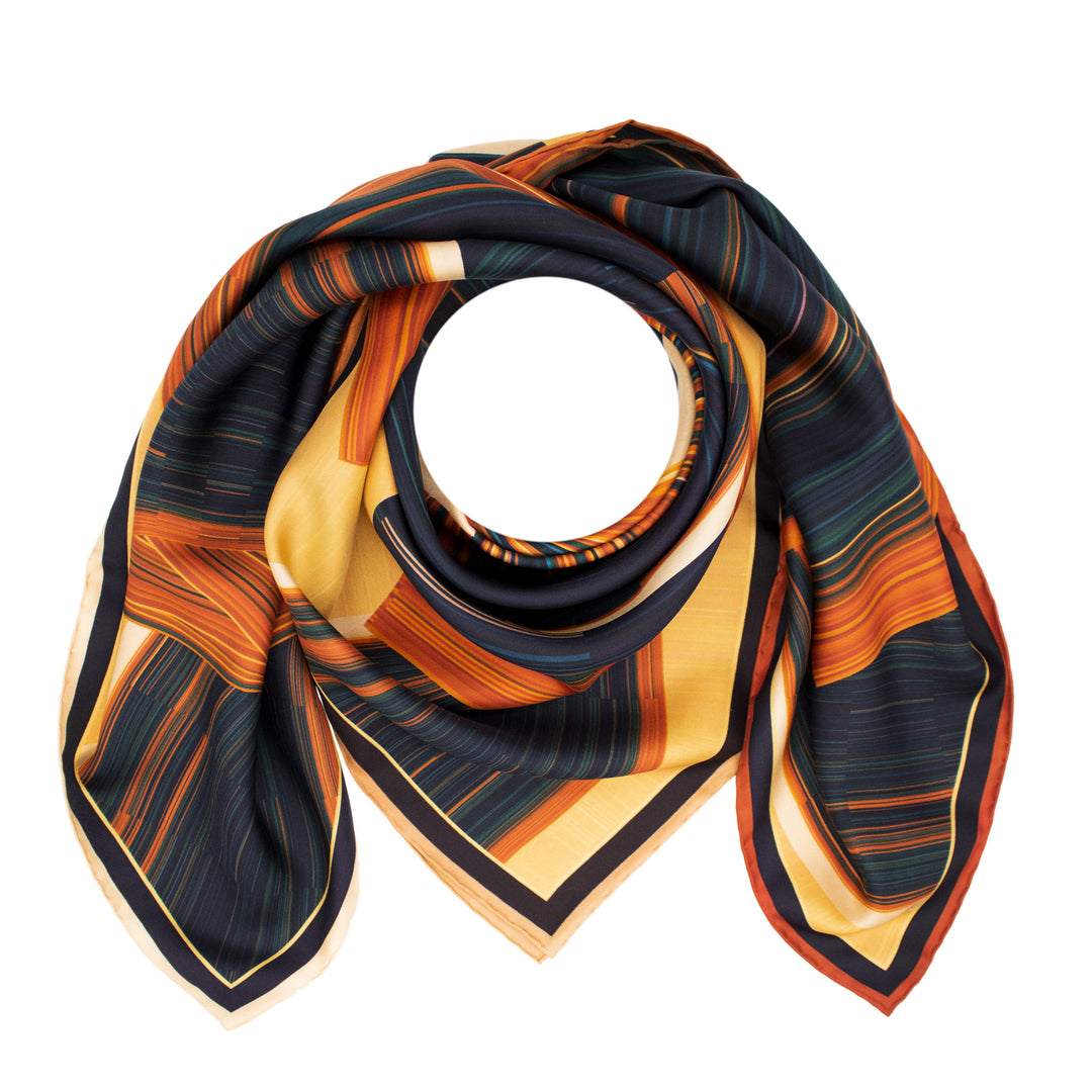 Orange, teal and yellow scarf, Pure Silk, Hand Rolled Hems, Luxury Scarves, Made in England, London UK, Wearable Art, Science Art