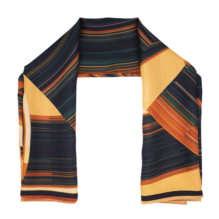 Orange, teal and yellow scarf, Pure Silk, Hand Rolled Hems, Luxury Scarves, Made in England, London UK, Wearable Art, Science Art