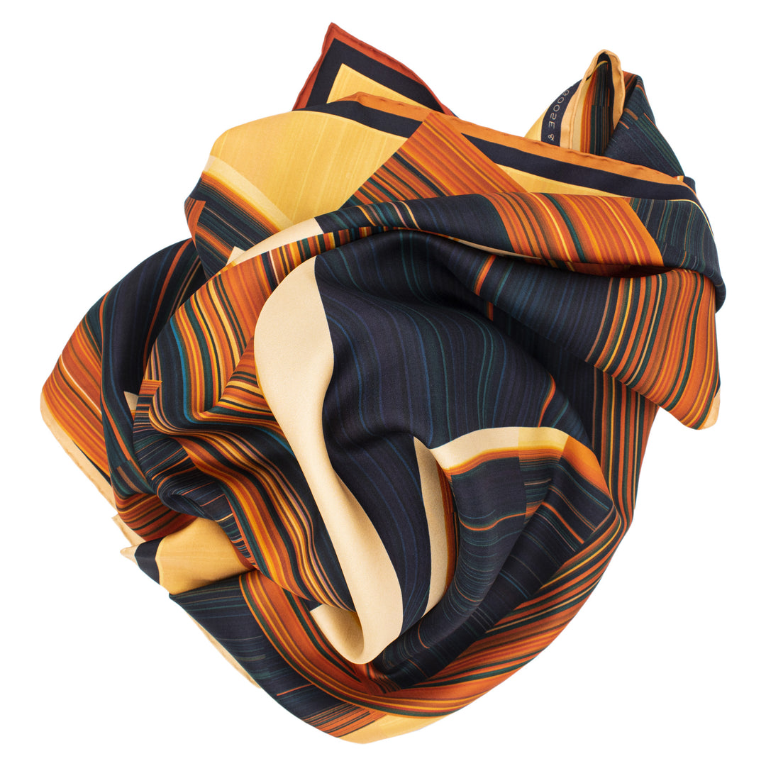 Orange, teal and yellow scarf, Pure Silk, Hand Rolled Hems, Luxury Scarves, Made in England, London UK, Wearable Art, Science Art